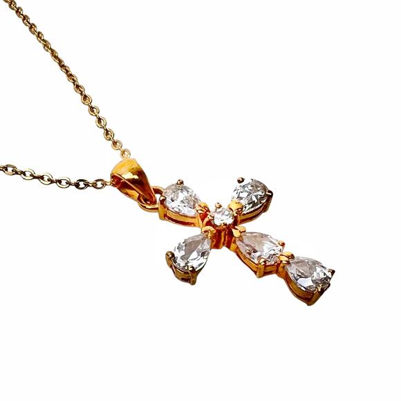 Cross Pendant Necklace Rhinestones Open Back Delicate Goldtone Chain Elegant 15" - Picture 3 of 15